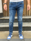 JEANS DENIM BLU CON EFFETTO USURATO E DETTAGLI DISTRESSED TELAMIRA